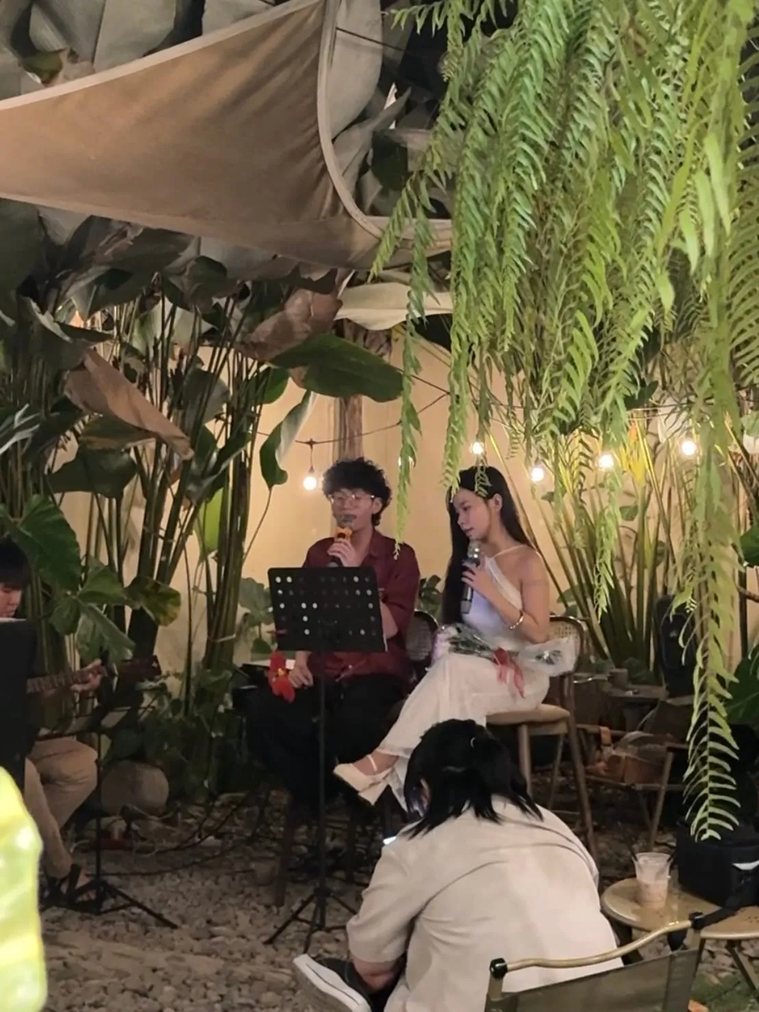 Đôi ca sĩ hát acoustic dưới tán dương xỉ và đèn vàng