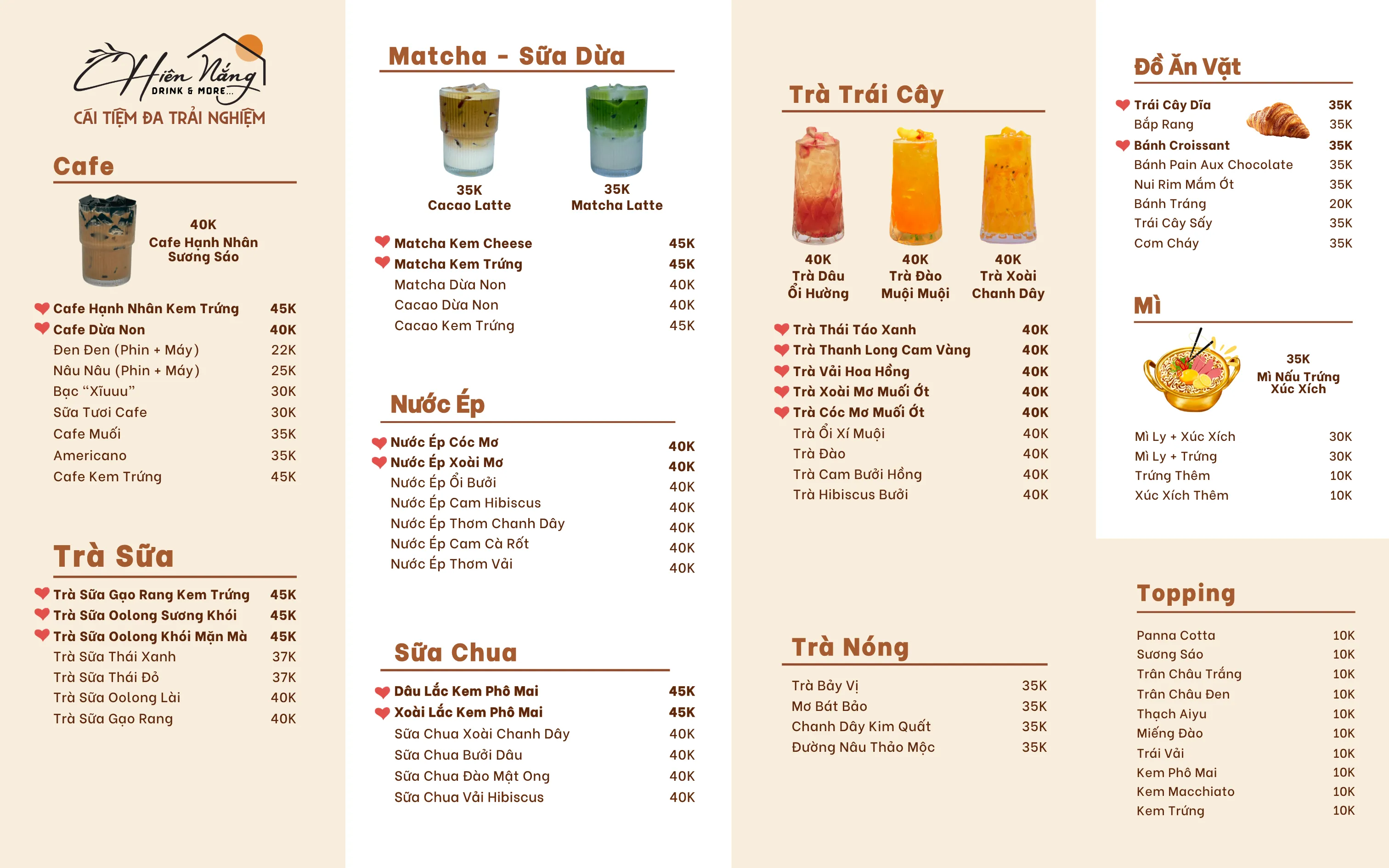 Bảng menu đầy đủ của Hiên Nắng – Drink & More